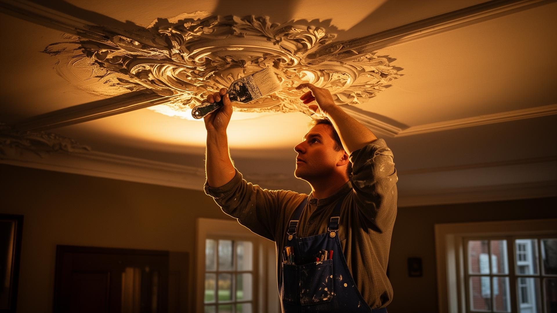 Schilder van Stijlaart restaureert een ornamentplafond